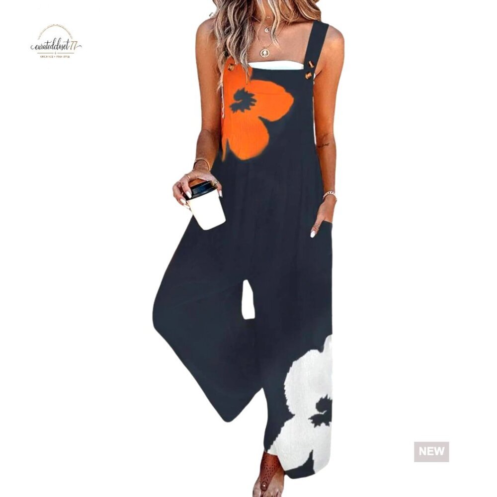 Sleeveless Floral Jumpsuit with Pockets, Wide Leg, Rayon Blend, Loose Fit